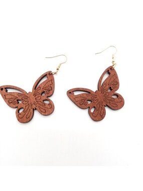 Butterfly Earrings Wood Hollow Cut Dangle Boho Hippie Trendy Pretty Stylish Fun